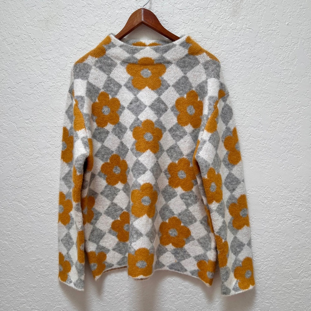 Clotheshead Boutique Yellow Floral Checkered Argyle Mock Neck Knit Sweater L/XL